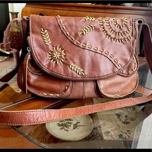 Lucky Brand Cognac Savannah Flap Leather Floral Embroidered Hobo Foldover Bag